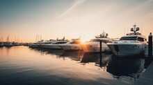 Luxury Yachts Docked In Sea Port At Sunset. Marine Parking Of Modern Motor Boats And Blue Water Generative AI