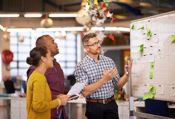 Poster - Whiteboard, manager plan and business people with strategy and speaking in a office. Startup, company training and creative writing group with communication and vision with ideas and seo report