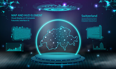 switzerland map light connecting effect background. abstract digital technology UI, GUI, futuristic HUD Virtual Interface with switzerland map. Stage futuristic podium in fog.