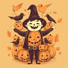 Sticker - A person in a witch costume surrounded by pumpkins and birds. Generative AI image.