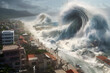 Huge wave tsunami hitting shore village with houses and streets. Generated AI