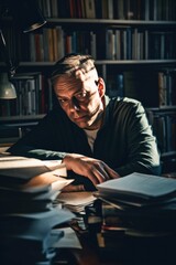 Poster - A man sitting at a desk in front of a book. Generative AI image.