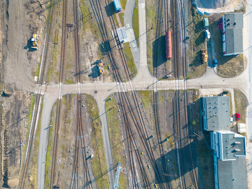 Cargo trains close-up. Aerial view of colorful freight trains on the ...