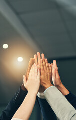 Aufkleber - High five, teamwork and hands of business people in office for celebration, team building and motivation. Goals, collaboration and workers with hand together for agreement, support and success