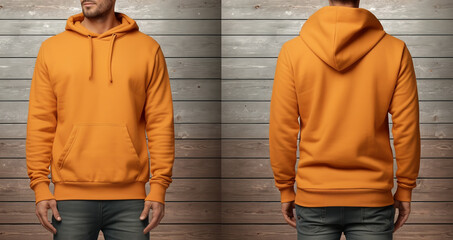 Wall Mural - orange hoodie sweater photo with front and back view isolated on wooden wall background. generative ai