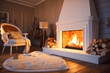 © Anna - Modern interior design of the living room with fireplace. Super photo realistic background, generative ai illustration