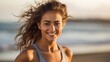 © GustavsMD - Attractive fit young woman running on Santa Monica Beach boardwalk pacific ocean in background. Generative AI.