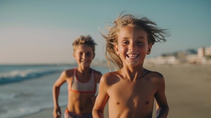 happy children back on beach at sea. Generative AI.