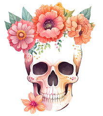 Wall Mural - Floral skull with pink and orange big boho flowers illustrations in watercolor style. Sugar skull art on white background. Generative AI image.