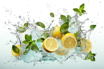 Wall Mural - Water splash on white background with lemon slices, mint leaves and ice cubes.