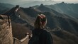 A girl from behind standing on the Great Wall of China, with the winding wall and stunning mountain landscape visible in the background Generative AI