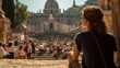 A girl from behind sitting on the steps of a historic monument, with tourists and locals milling about in the background Generative AI