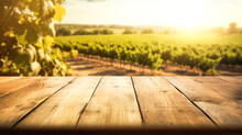 Vineyard In The Sunlight With Wooden Tabletop For Product Display And Presentation. Winemaking, Wine Cellar Showcase. Rustic Podium Overlooking The Grapevines Field Background. Ai Generated