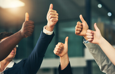 Canvas Print - Teamwork, thumbs up and hands of business people in office for feedback, good news and agreement. Corporate, collaboration and men and employee workers with gesture for thank you, support or yes sign