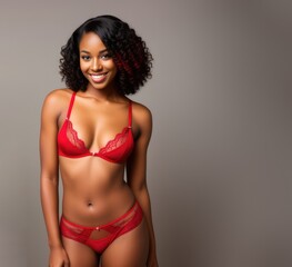 Wall Mural - Young beautiful african american girl posing in red sensual lingerie. Generative AI