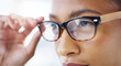 Woman, closeup of glasses and vision with eye care, prescription lens and frame with optometry and health. Eyesight, designer eyewear and female person with spectacles, ophthalmology and wellness