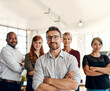 © Viglietti/peopleimages.com - Businessman, portrait and team with arms crossed in management, leadership or creative group at the office. Confident business people or professional in teamwork, startup or about us at the workplace