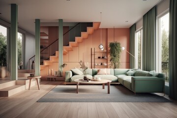 modern living room with comfortable sofa, pastel colored walls, large windows, stairs to the second 