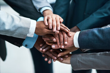 Aufkleber - Teamwork, business people and hands stacked for support, target or team building, collaboration goals and group. Circle, diversity and business women and men, together sign, success or staff mission