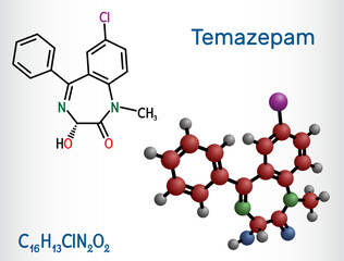 Sticker - Temazepam drug molecule. It is benzodiazepine, used to treat panic disorders, severe anxiety, insomnia.. Structural chemical formula, molecule model