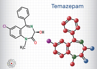 Poster - Temazepam drug molecule. It is benzodiazepine, used to treat panic disorders, severe anxiety, insomnia.. Structural chemical formula, molecule model. Sheet of paper in a cage.