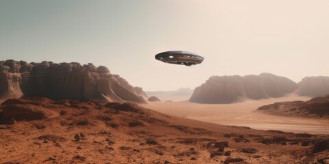 Wall Mural - An alien spaceship flying over a desert landscape. Generative AI image.