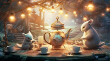 A Whimsical Tea Party Scene With Teacups And A Teapot, Featuring Soft Diffused Lighting, Pastel Tones, And A Dreamlike Atmosphere, Generative AI