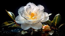 Close Up Of A White Flower, A Large Area Of White Camellia Is Blooming Brilliantly. There Are Water Drops On The Petals Of Camellia, Bright Colors, Starry Sky, Moon, Generative AI