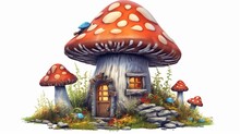 Realistic Colorful Mushroom House, Colorful, Beautiful Vivid Color, Mushroom House, Wet Soil, White Background, Generative AI