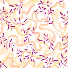 Wall Mural - Abstract floral pattern with splash and watercolord swirl lines. Flourish seamless texture. Stylish abstract vector branch with leaves summer nature background