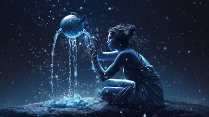 aquarius zodiac star sign wallpaper background illustration design, water girl, sky, generative ai