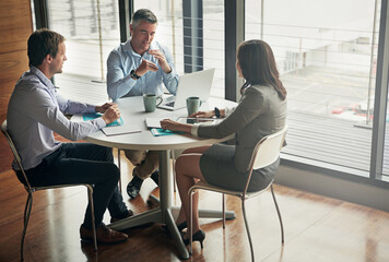 Canvas Print - Business people, manager and meeting planning, target increase and workflow ideas and management on computer. Professional woman, men employees and boss talking, listening and collaboration on laptop