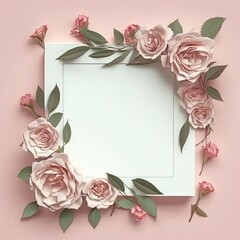 Romantic coloring in pastel roses of square shape frame with leaves concept. Art in inside empty on flat layout design. Glorious generative AI.