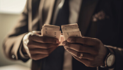 Wall Mural - Successful businessman holding smart phone, reading finance news generated by AI