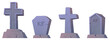 Gothic tombstones and stone crosses. Cemetery crosses, tomb mausoleum, pillar and ancient memorials with cracks