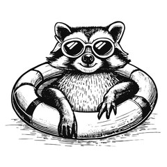 raccoon wearing sunglasses in swimming ring sketch, vacation raccoon