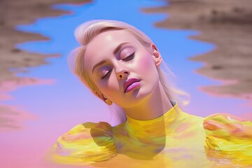 Beautiful nordic futuristic woman girl in leather yellow pink clothing posing in surrealistic lake. Generated AI.