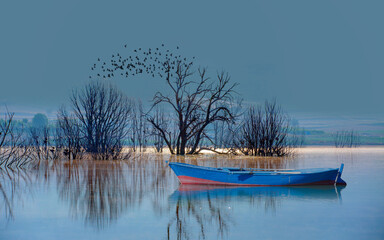 Poster - Silhouette of birds flying over the lake in the foreground blue boat at sunset
