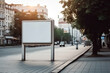 © ADDICTIVE STOCK - Generative AI illustration of empty billboard placed on asphalt road near residential buildings against blue sky in city
