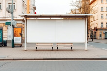 AI Generated Illustration Of Bus Stop With Empty Advertising Banner And Benches Placed On Cobblestone Pavement On City Street