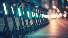 Row Of Electric Scooters Parked In The City. Generative AI.