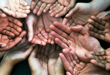 Poster - Open hands support, diversity and together with community, solidarity and help. Trust, faith and charity hand gesture with people and collaboration with crowd show palm and society and commitment