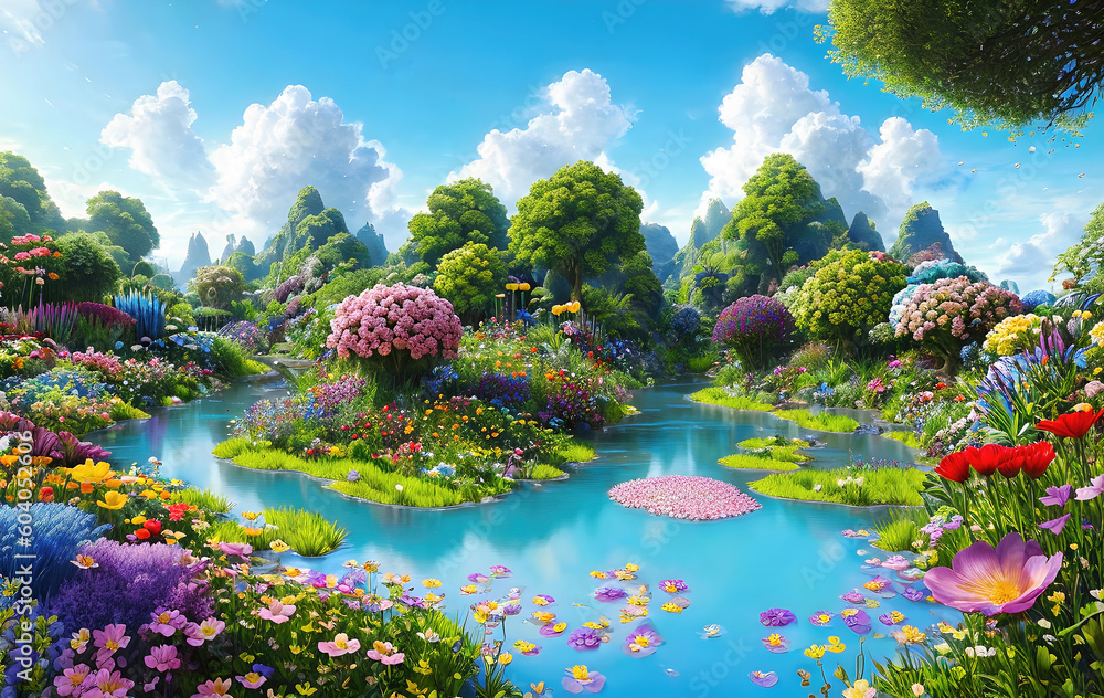Ilustração Paradise garden full of flowers, beautiful idyllic