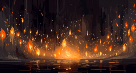 Wall Mural - flames and fire embers texture on a dark background. generative ai illustration.
