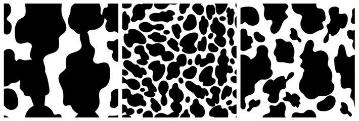 A set of seamless Dalmatian animal fur prints. Animal skin pattern. Stained background. Vector illustration. Random bovine spots hand-drawn. Texture banner with farm animals.