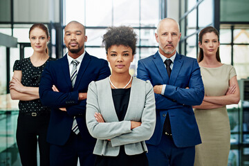 Poster - Portrait, business people or serious teamwork with arms crossed for diversity, professional commitment or office pride. Group, African woman or global collaboration leadership of corporate employees
