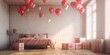 Valentines Day balloons and presents in bedroom, generative AI
