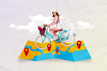 Sticker - Collage advert poster pinup pop banner image of funky positive girl traveling countries eco transport isolated painting background