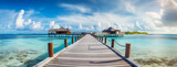 Fototapeta Most - Tropical Paradise: Wooden Pier to Island in Ocean with Blue Sky and White Clouds, generative AI