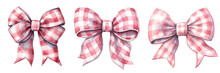 Pink And White Checkered Ribbon Watercolor Illustration Transparent Background, PNG ,Generative AI